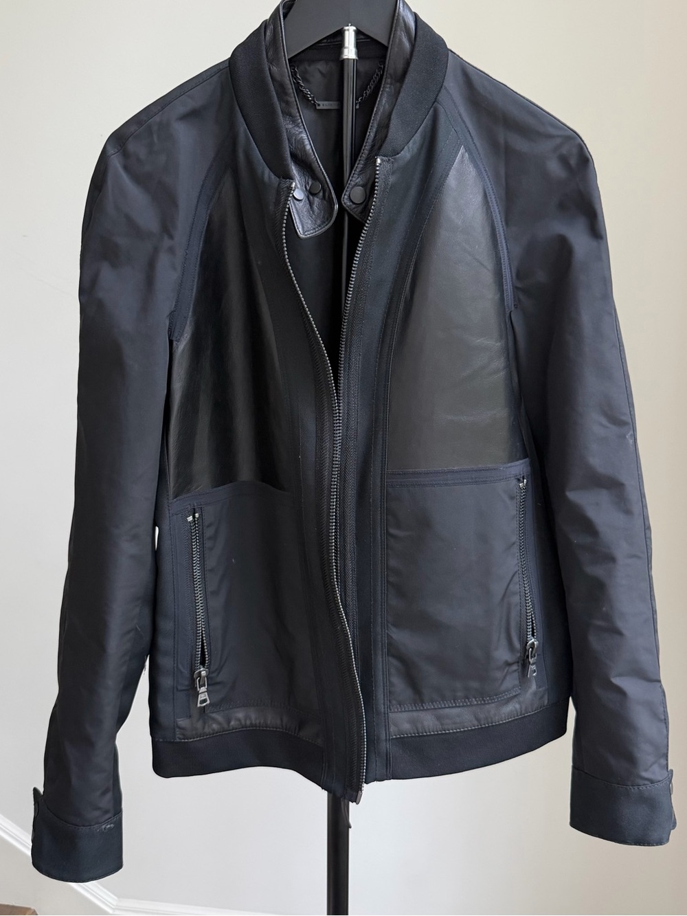 Elie Tahari Men's Black Bomber Jacket with Leather Panels